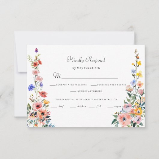 Waterverf Wildflower Spring Summer Wedding RSVP Kaartje (Voorkant)