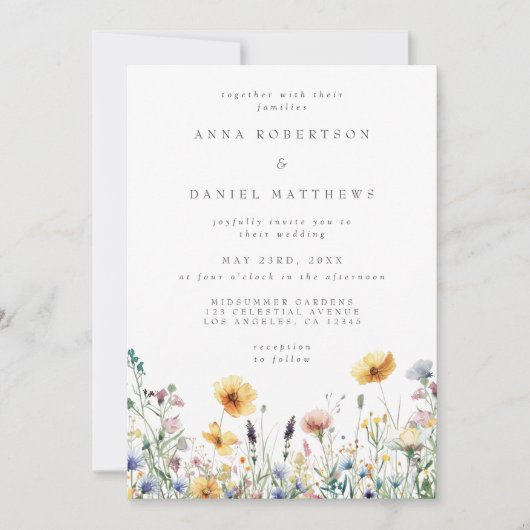 Waterverf Wildflower Spring Wedding Invitation Kaart (Voorkant)