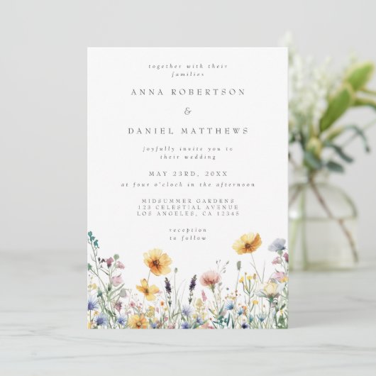 Waterverf Wildflower Spring Wedding Invitation Kaart (Staand voorkant)