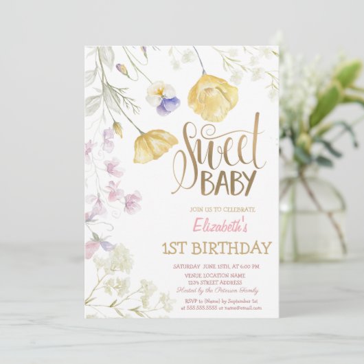 Waterverf Wildflower Striped Birthday Kaart (Staand voorkant)