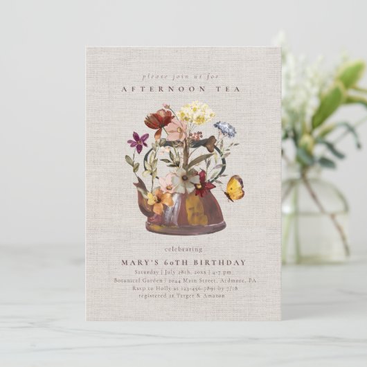 Waterverf Wildflower Tea Party Verjaardag Kaart (Staand voorkant)