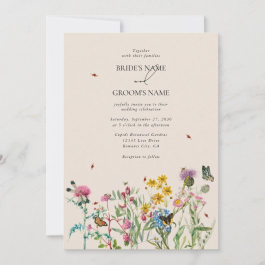 Waterverf Wildflower Tuin & Insecten Bruiloft Kaart (Voorkant)