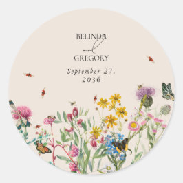 Waterverf Wildflower Tuin & Insecten Bruiloft Ronde Sticker