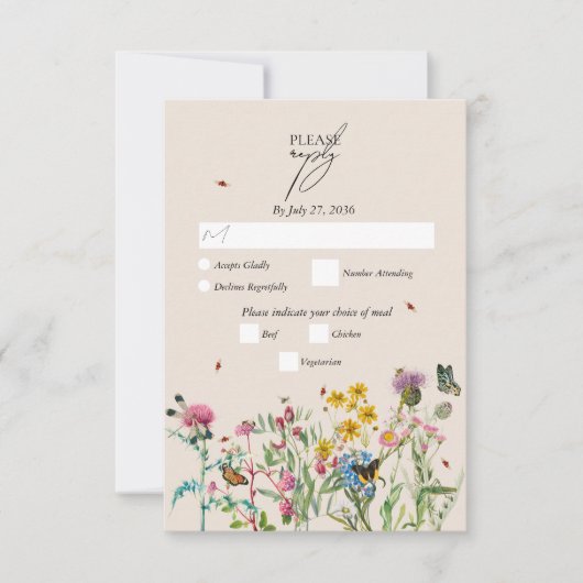 Waterverf Wildflower Tuin & Insecten Bruiloft RSVP Kaartje (Voorkant)