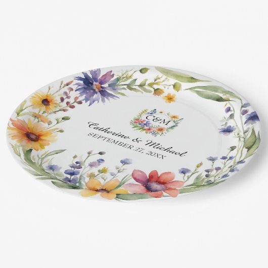 Waterverf Wildflower Tuin Lente Bruiloft Papieren Bordje (Gekanteld)