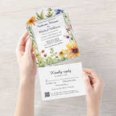 Waterverf Wildflower Tuin Lente Bruiloft QRCode All In One Uitnodiging (Afscheurbaar)
