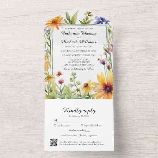 Waterverf Wildflower Tuin Lente Bruiloft QRCode All In One Uitnodiging (Binnen)