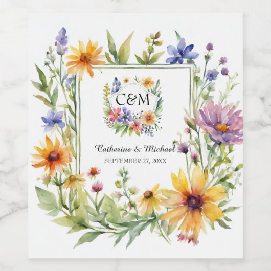 Waterverf Wildflower Tuin Lente Bruiloft Wijn Etiket (Enkel label)