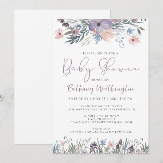 Waterverf Wildflower Violet Baby shower Kaart (Voorkant / Achterkant)