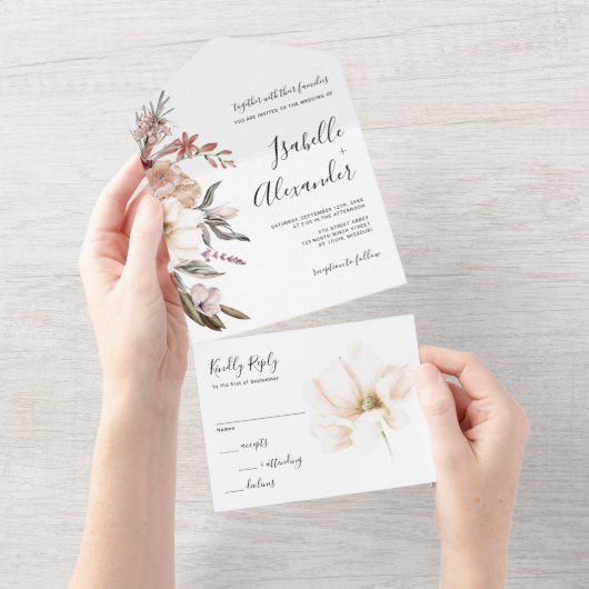 Waterverf Wildflower Wedding All In One Uitnodiging (Afscheurbaar)