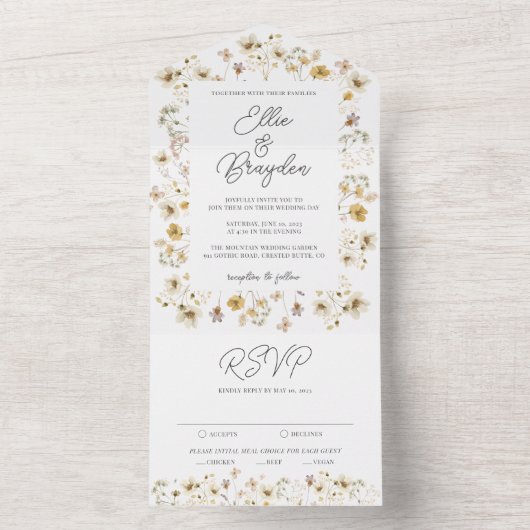 Waterverf Wildflower Wedding All In One Uitnodiging (Binnen)