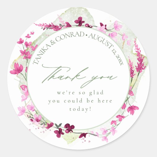 Waterverf Wildflower Wedding Bedankt Fsia ID954 Ronde Sticker (Voorkant)