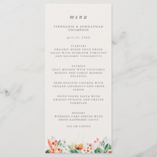 Waterverf Wildflower Wedding Menu (Voorkant)