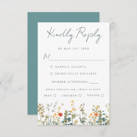 Waterverf Wildflower Wedding RSVP Kaart (Voorkant / Achterkant)