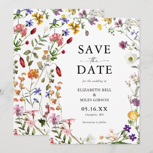 Waterverf Wildflower Wedding Save the Date Kaart (Voorkant / Achterkant)