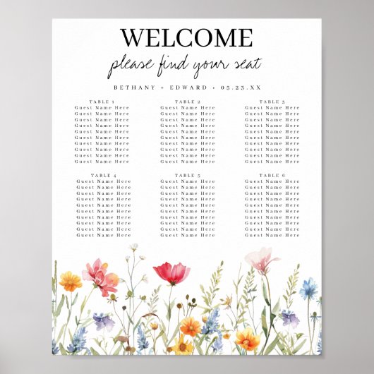 Waterverf Wildflower Wedding Seating Chart Poster (Voorkant)