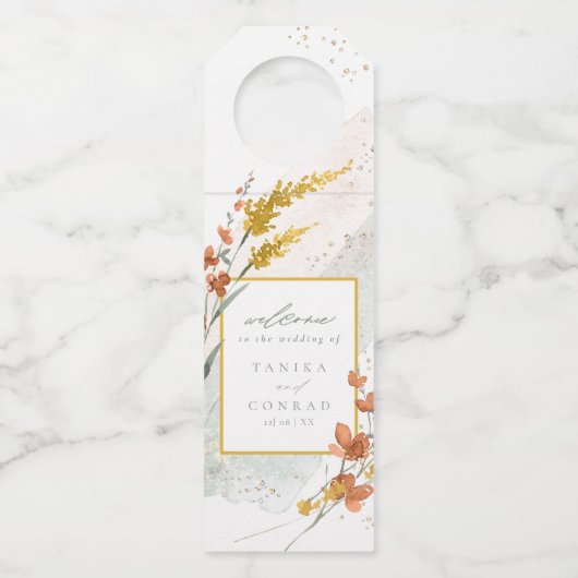 Waterverf Wildflower Wedding Welcome Gold ID954 Flessenhanger (Voorkant)