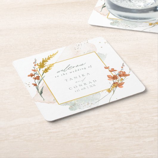 Waterverf Wildflower Wedding Welcome Gold ID954 Kartonnen Onderzetters (Schuin)
