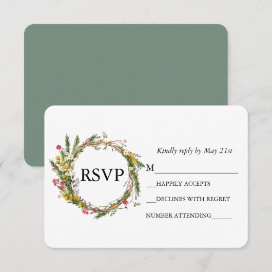 Waterverf Wildflower Wreath Wedding Sage Green RSVP Kaartje (Voorkant / Achterkant)