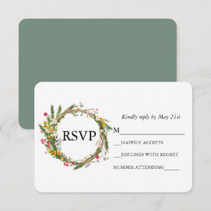 Waterverf Wildflower Wreath Wedding Sage Green RSVP Kaartje