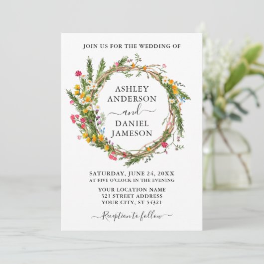 Waterverf Wildflower Wreatinfoto bruiloft Kaart (Staand voorkant)