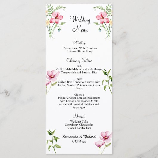 Waterverf Wildflowers 4x9'' Wedding Menu (Voorkant)