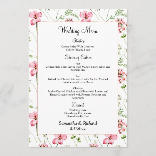 Waterverf Wildflowers 5x7'' Wedding Menu (Voorkant)