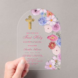 Waterverf Wildflowers Arch Eerste Communie Acryl Uitnodigingen
