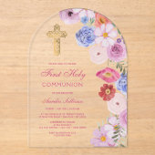 Waterverf Wildflowers Arch Eerste Communie Acryl Uitnodigingen (Voorkant)