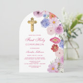 Waterverf Wildflowers Arch Eerste Communie Kaart (Staand voorkant)