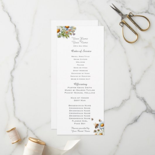 Waterverf Wildflowers Bee Wedding Program Programmakaart (Voorkant / Achterkant in situ)