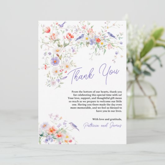 Waterverf Wildflowers Birds Baby shower Dank u wel Bedankkaart (Staand voorkant)