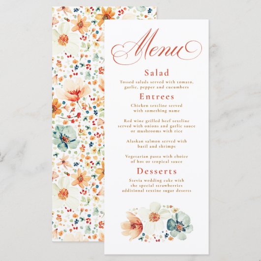 Waterverf Wildflowers Boho Fall Wedding Menu (Voorkant / Achterkant)