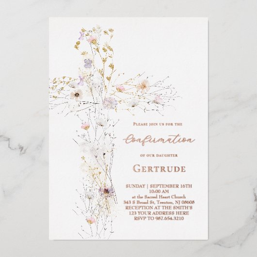 waterverf wildflowers cross bevestiging folie uitnodiging (Voorkant)