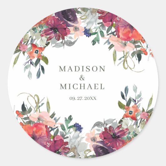 Waterverf Wildflowers Elegant Boho Fall Wedding Ronde Sticker (Voorkant)