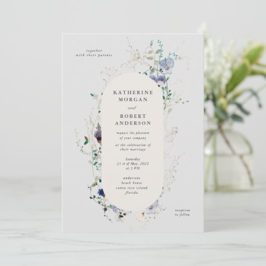 Waterverf Wildflowers Elegante huwelijksuitnodigin Kaart (Staand voorkant)