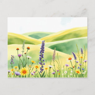 Waterverf Wildflowers en Rolling Meadow Hills Briefkaart