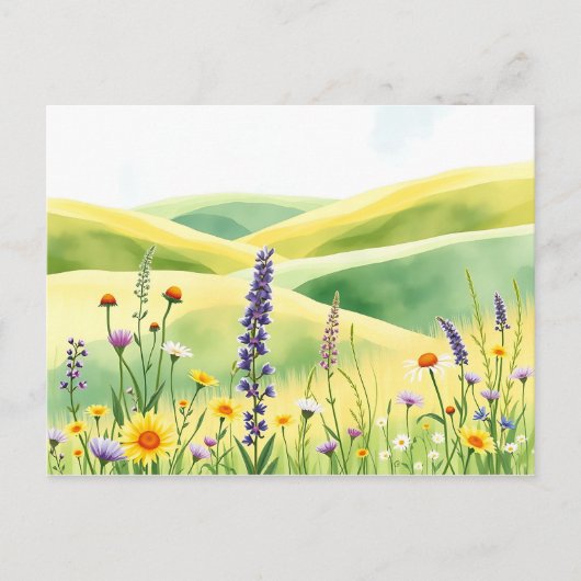 Waterverf Wildflowers en Rolling Meadow Hills Briefkaart (Voorkant)
