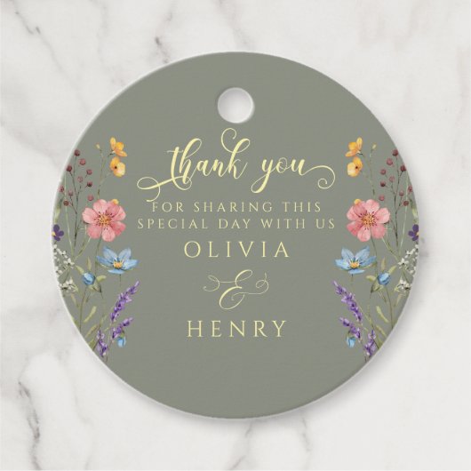 Waterverf Wildflowers Kalligrafie Sage Wedding Bedankjes Labels (Voorkant)