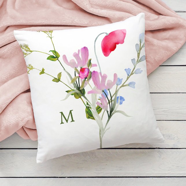 Waterverf Wildflowers met Monogram Kussen (Creator heeft geüpload)