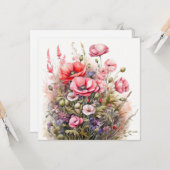 Waterverf Wildflowers, Poppy Flowers Boeket Kaart (Voorkant / Achterkant in situ)