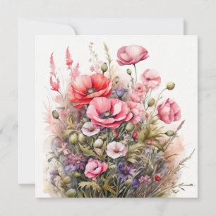 Waterverf Wildflowers, Poppy Flowers Boeket Kaart