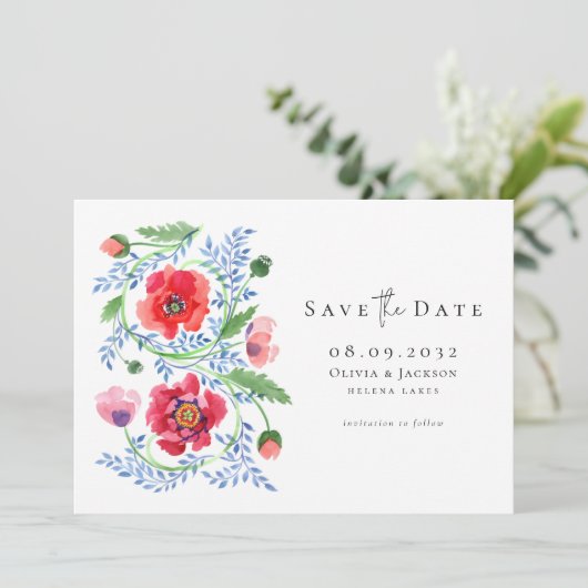 Waterverf Wildflowers Poppy Script Wedding Save The Date (Staand voorkant)