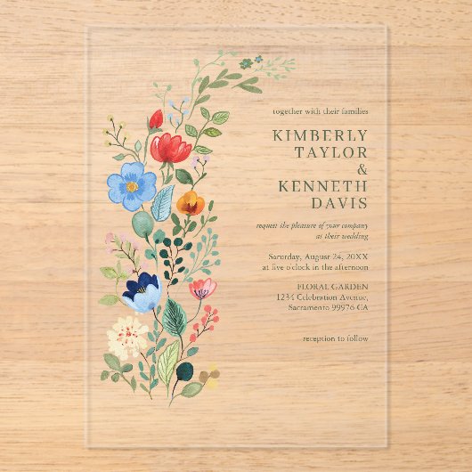 Waterverf Wildflowers Rustieke Chic Garden Wedding Acryl Uitnodigingen (Voorkant)