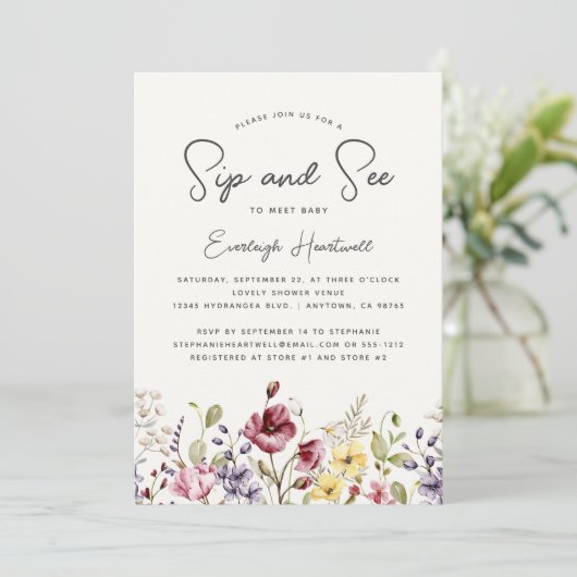 Waterverf Wildflowers Sip and See Baby shower Kaart (Staand voorkant)