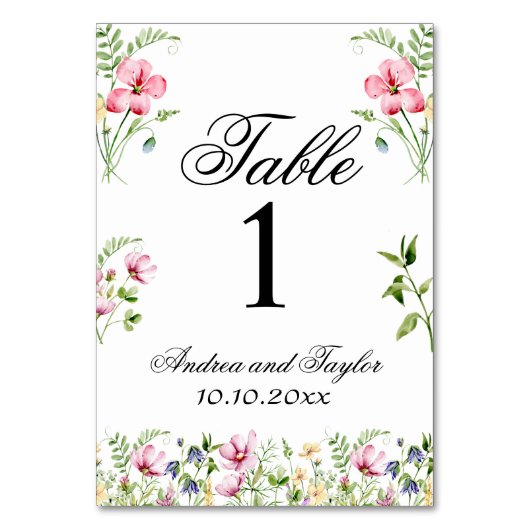 Waterverf Wildflowers Trouwtafel Nummer Kaart (Voorkant)