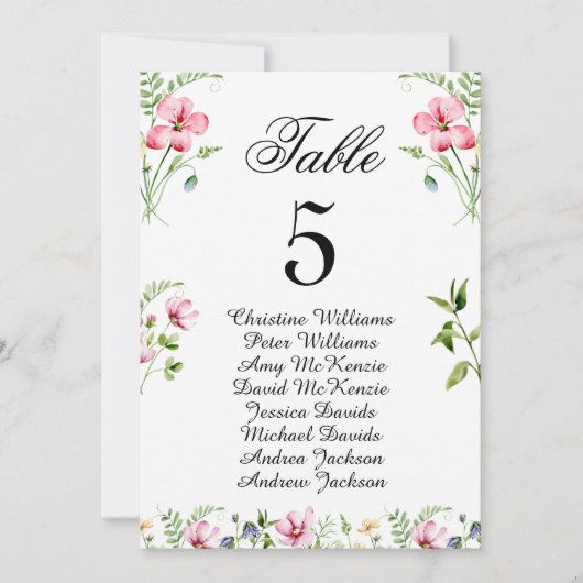 Waterverf Wildflowers Wedding Seating Chart Kaart (Voorkant)
