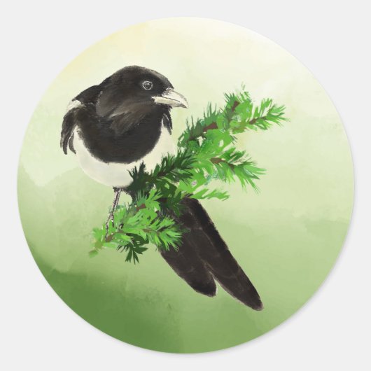 Waterverf Wildlife Magpie Bird Natuur art Ronde Sticker (Voorkant)