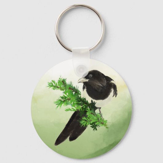 Waterverf Wildlife Magpie Bird Natuur art Sleutelhanger (Voorkant)