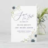 Waterverf Windbloemen Navy Blue & White Wedding Save The Date (Staand voorkant)